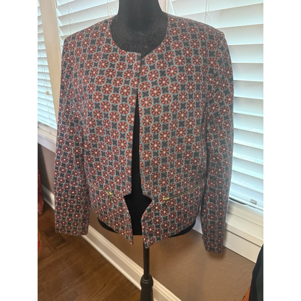Atmosphere 80s Ladies Navy Blazer Geo Print Textured Lined Gold Zip Pockets Boho